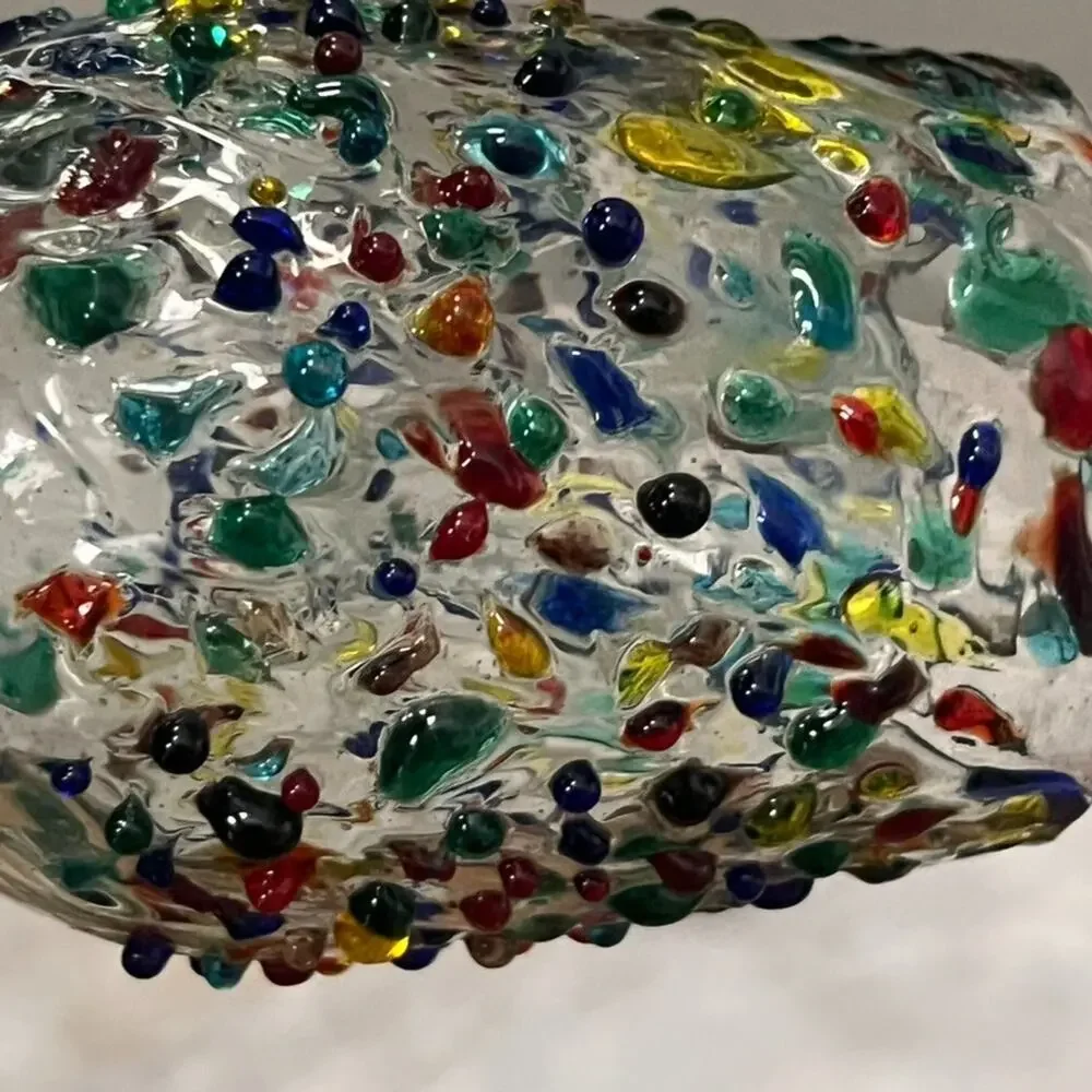 Hand Blown Ball Wine Glasses Colorful Textured Pebble Confetti Design Set of 3